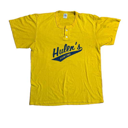 80's Russell Athletics Huler's Painting Quarter Button Up Yellow Baseball Shirt - Medium - 21" x 27"