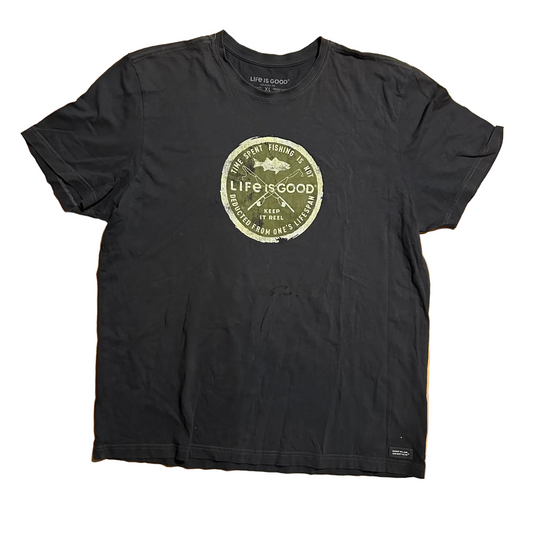 Life is Good Fishing Black Tshirt - XLarge - 26" x 31"
