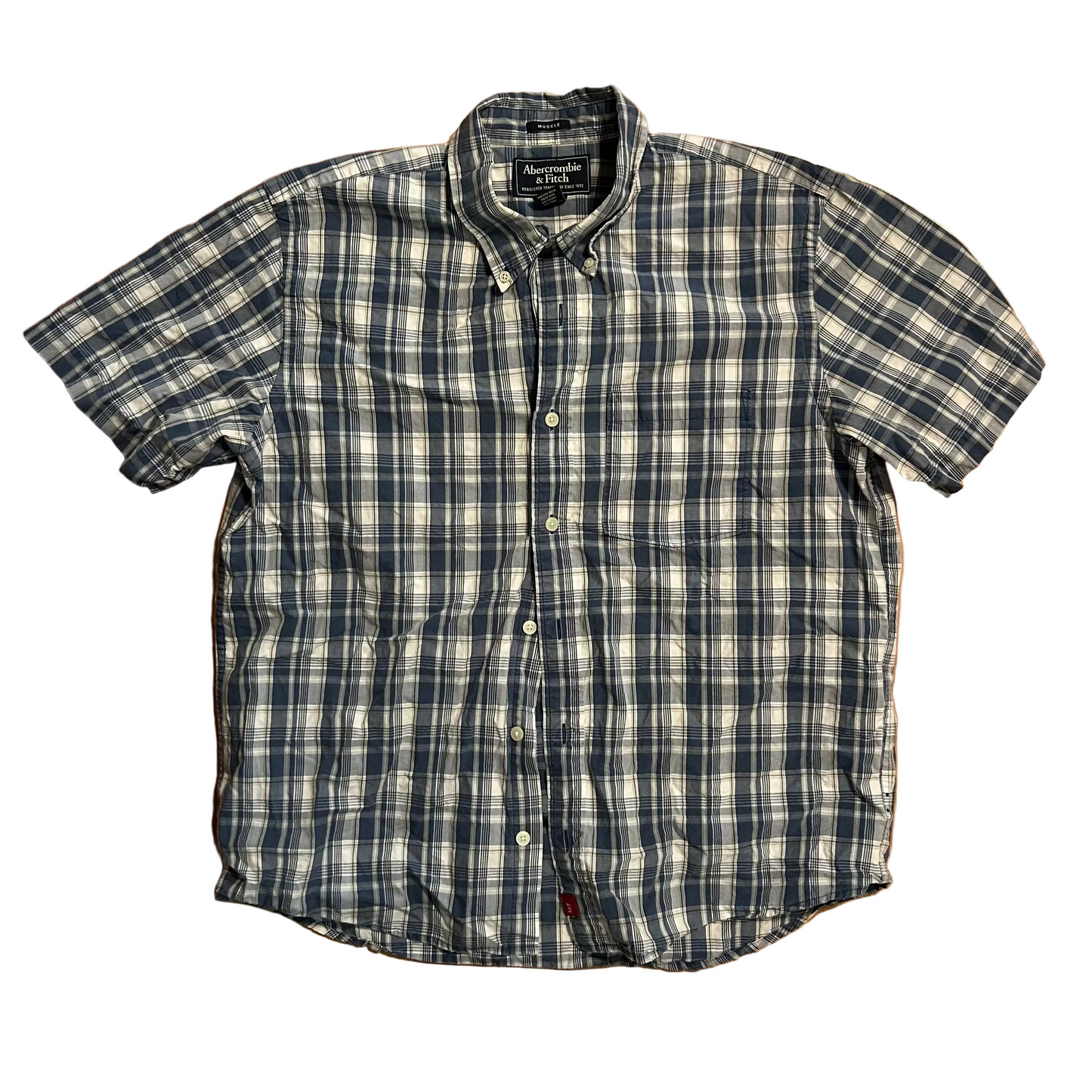 Abercrombie and Fitch Checkered Plaid Navy Blue Button Up Shirt - Large - 23.5" x 28"