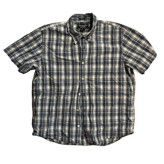 Abercrombie and Fitch Checkered Plaid Navy Blue Button Up Shirt - Large - 23.5" x 28"