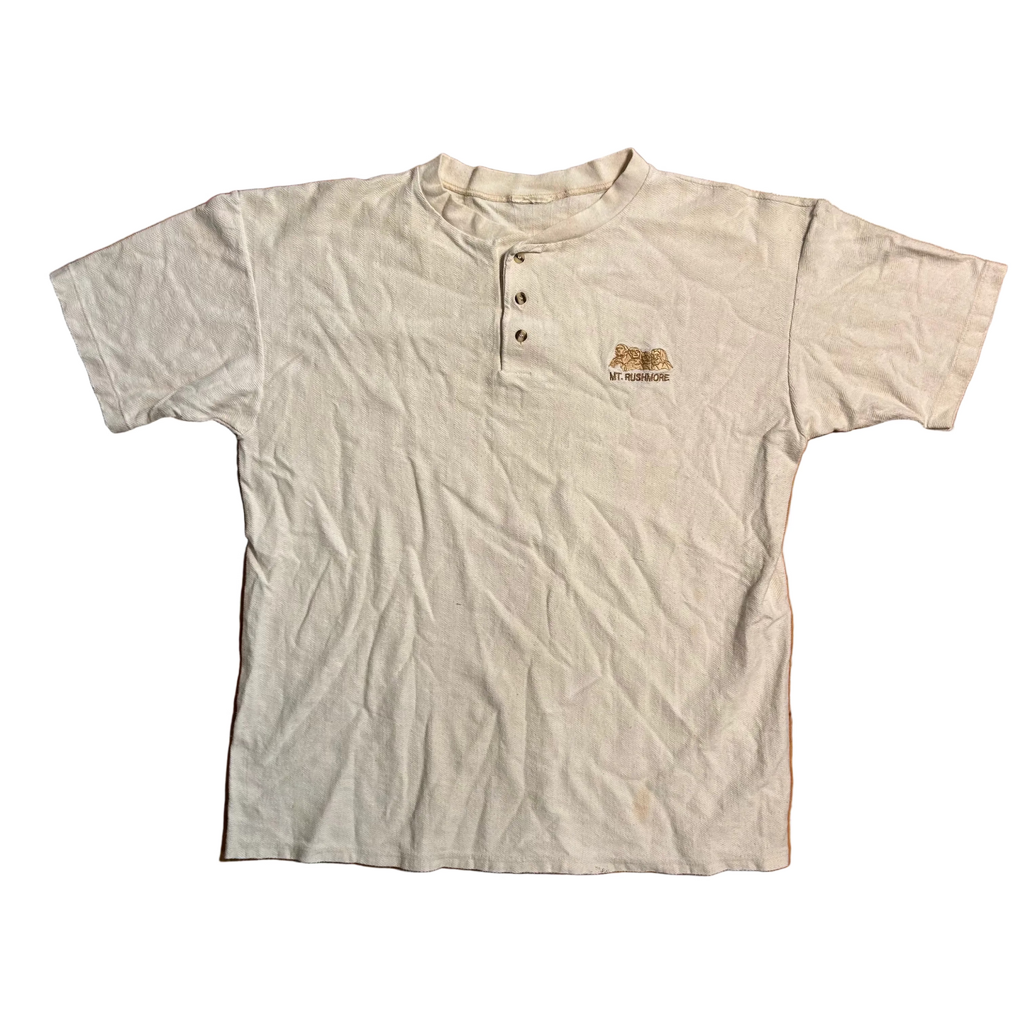90's Mt Rushmore Cream Brown Quarter Button Tshirt - XLarge - 25" x 30"