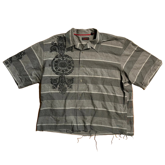 Contigo Y2K Grey Striped Cutoff Button Up Shirt - Boxy XLarge - 26" x 28"