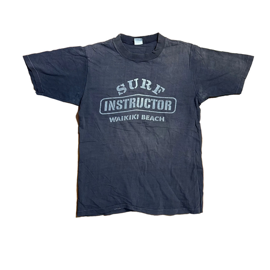 90's Crazy Shirt Surf Instructor Waikiki Beach Navy Grey Faded Distressed Tshirt - Small - 18" x 26"