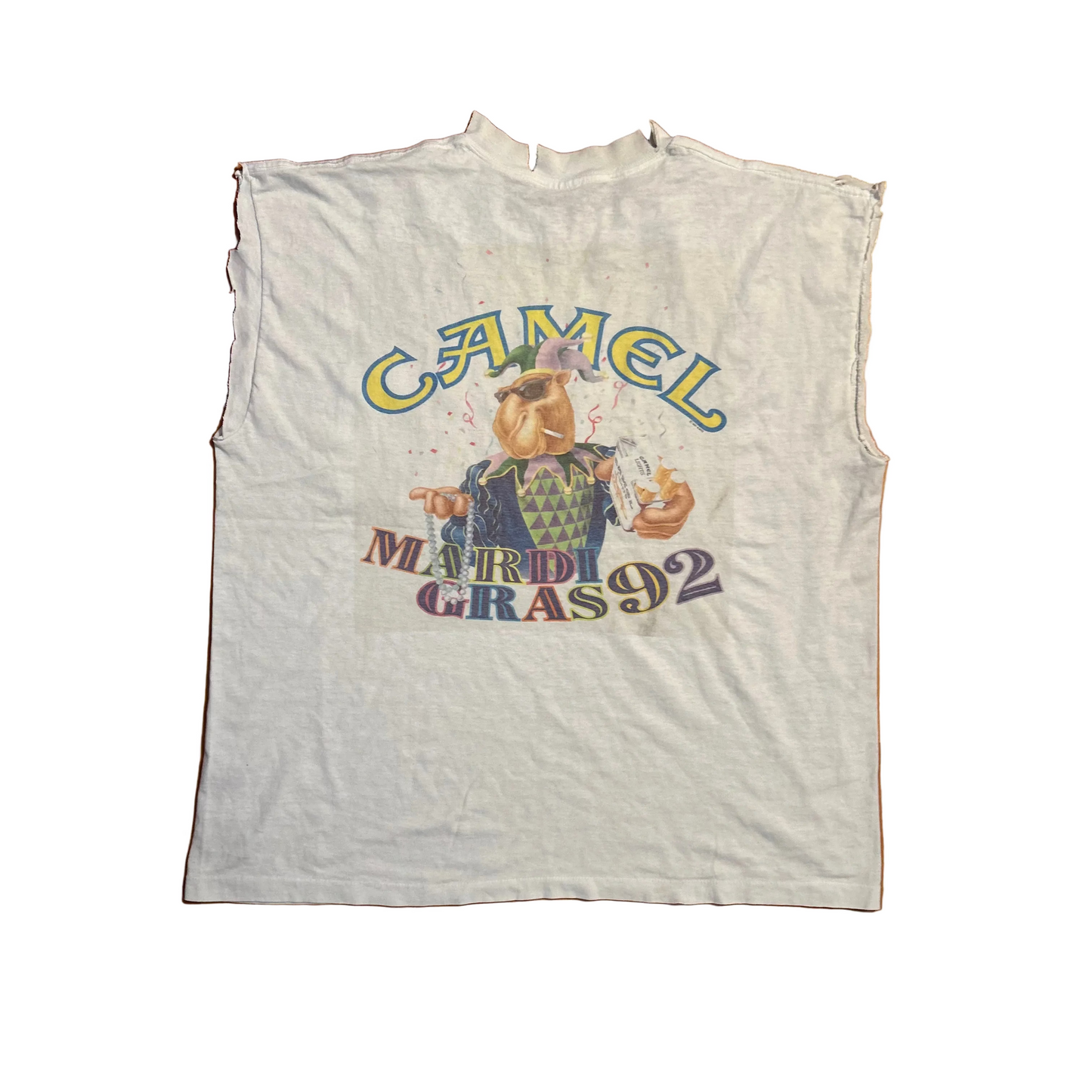 90's Camel Cigarettes Mardi Gras 1992 White Cutoff Tank Top Pocket Shirt - Large - 23" x 26.5"