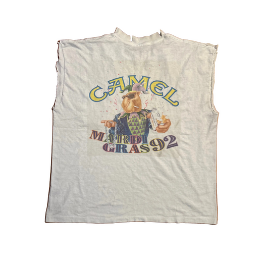 90's Camel Cigarettes Mardi Gras 1992 White Cutoff Tank Top Pocket Shirt - Large - 23" x 26.5"