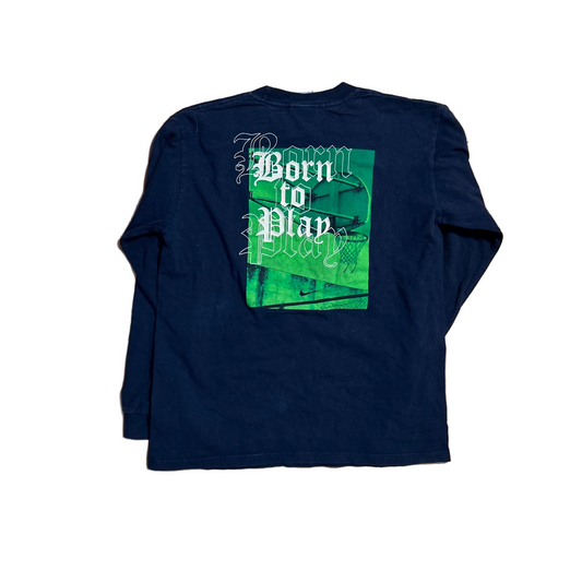 00's Nike Grey Tag Playground Menace Born to Play Navy Blue Basketball Longsleeve Shirt - Small - 18.5" x 24"