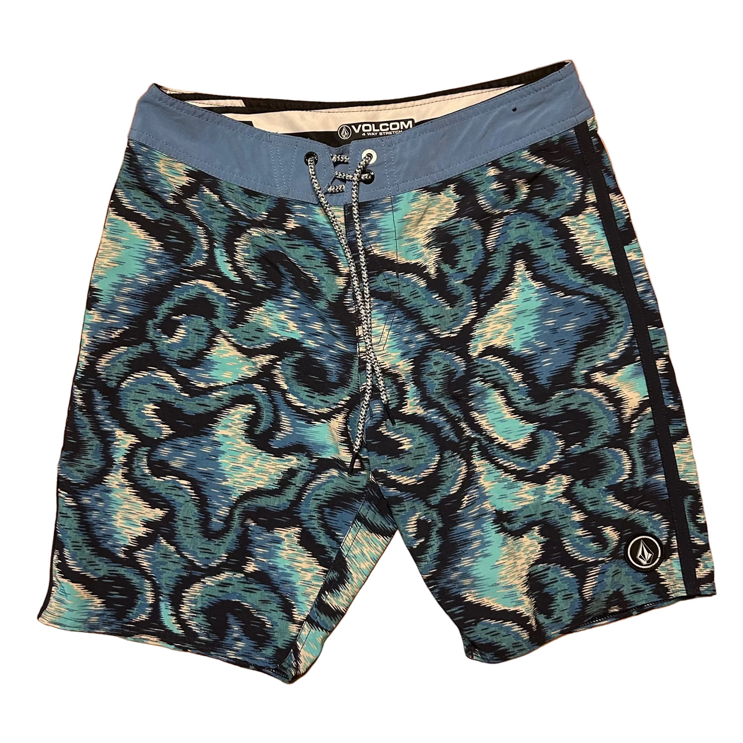 Volcom 4 Way Stretch Blue Design Swim Trunk Board Shorts - 30" x 9"