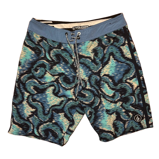 Volcom 4 Way Stretch Blue Design Swim Trunk Board Shorts - 30" x 9"