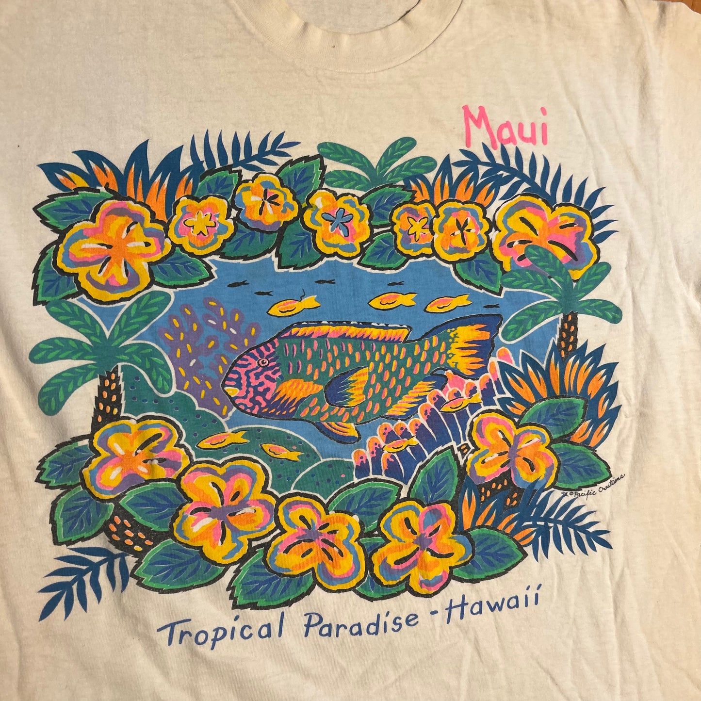 90's Tropical Paradise Maui Hawaii Fish Design White Tshirt - Medium - 21" x 28"
