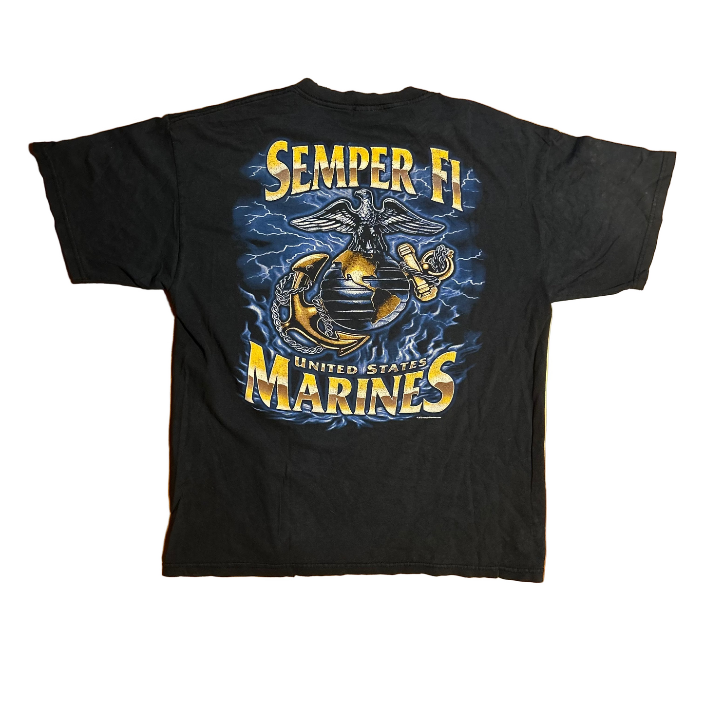 Gildan Distresed Marines Semper Fi Navy Blue Tshirt - Medium - 21" x 27"