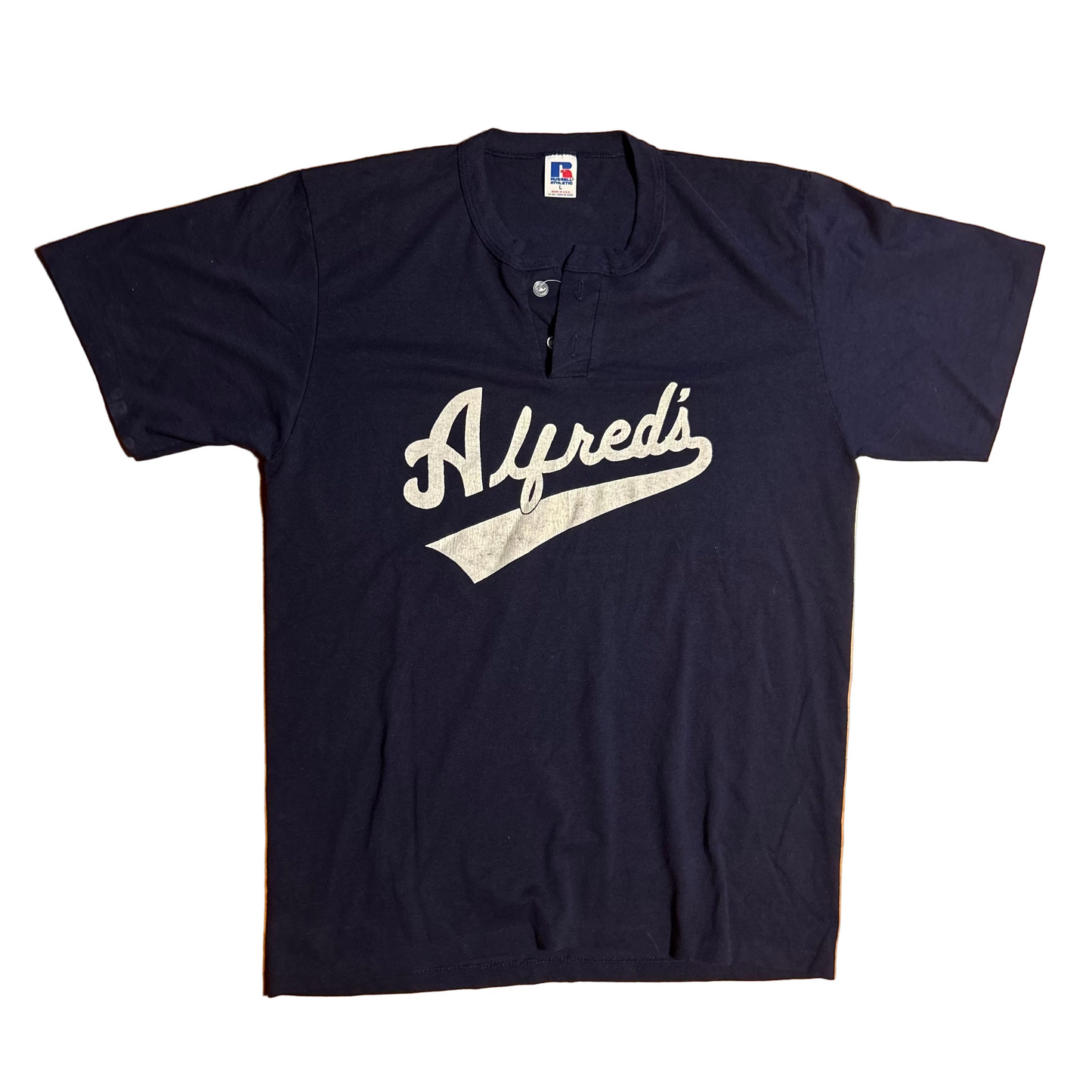 80's Russell Athletic Alfred's Quarter Button Up Navy Blue Tshirt - Medium - 20" x 28.5"