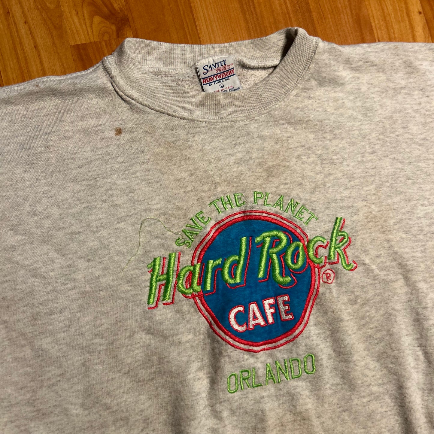 90's Hard Rock Cafe Save the Planet Orlando Grey Crewneck Sweatshirt - XLarge - 24" x 25"