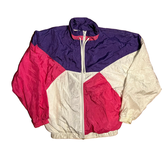 90's Pro Spirit Pink Purple White Nylon Zip Up Hidden Hood Jacket Windbreaker - XLarge - 24" x 26"