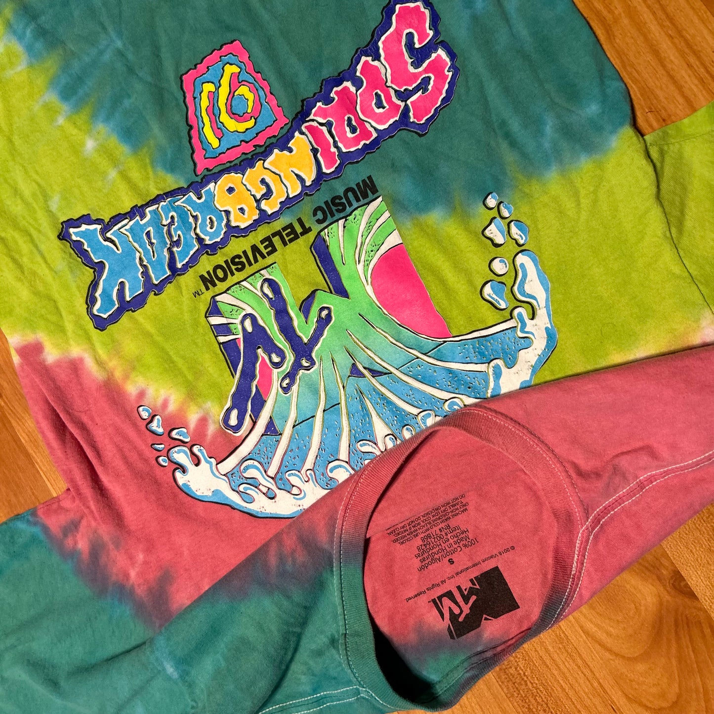 MTV Spring Break Pink Green Teal Tie Dye Tshirt - Small - 19" x 26"