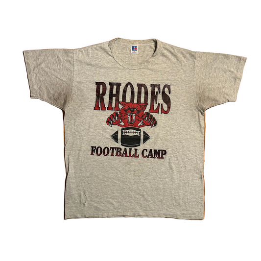 80's Russell Athletics Rhodes Football Camp Grey Tshirt - Large - 22" x 27.5"