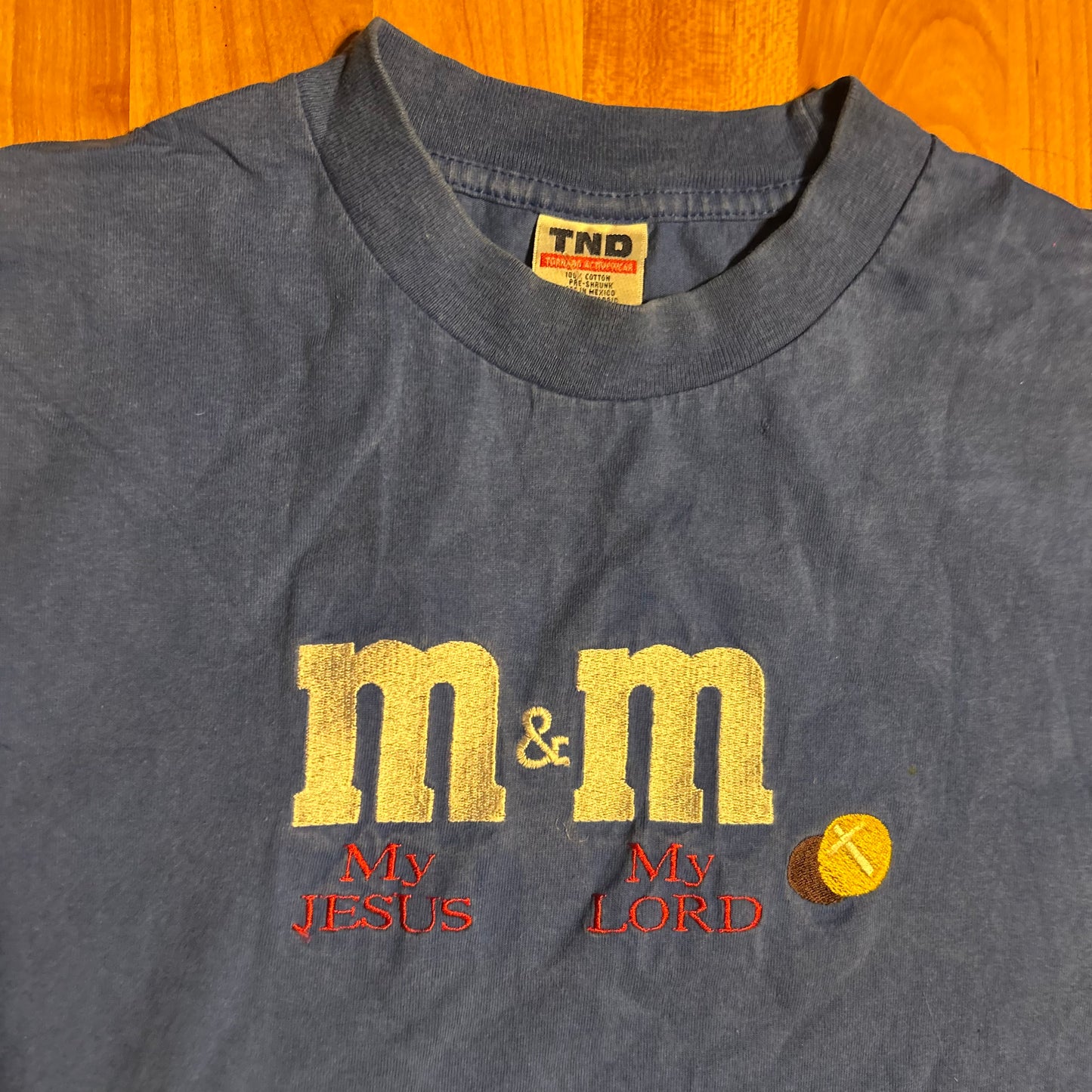 M&M My Jesus and My Lord Embroidered Blue Tshirt - Medium - 20" x 28"