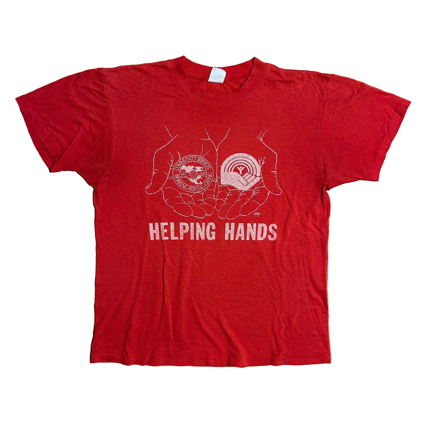 80's Helping Hands Paper Thin Red Tshirt - Medium - 21.5" x 26"