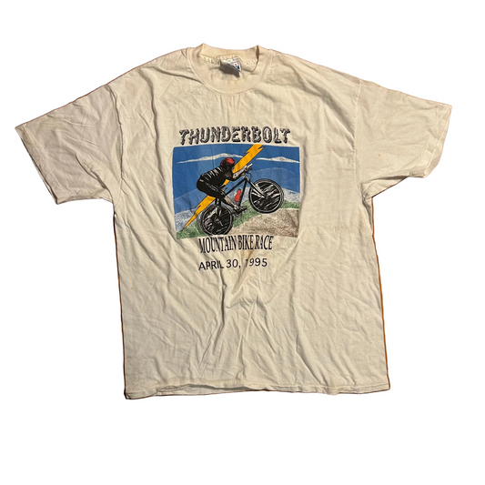 90's Hanes Beefy Thunderbolt Mountain Bike Race White Tshirt - Large - 22.5" x 30"