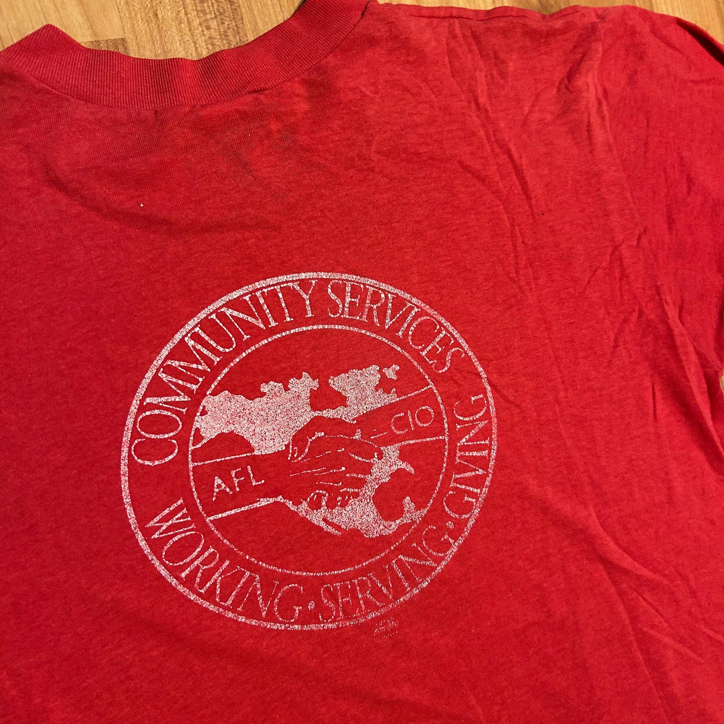 80's Helping Hands Paper Thin Red Tshirt - Medium - 21.5" x 26"