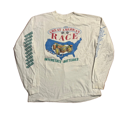 80/90's Hanes Beefy Great American Race White Longsleeve Shirt - Medium - 21" x 27.5"