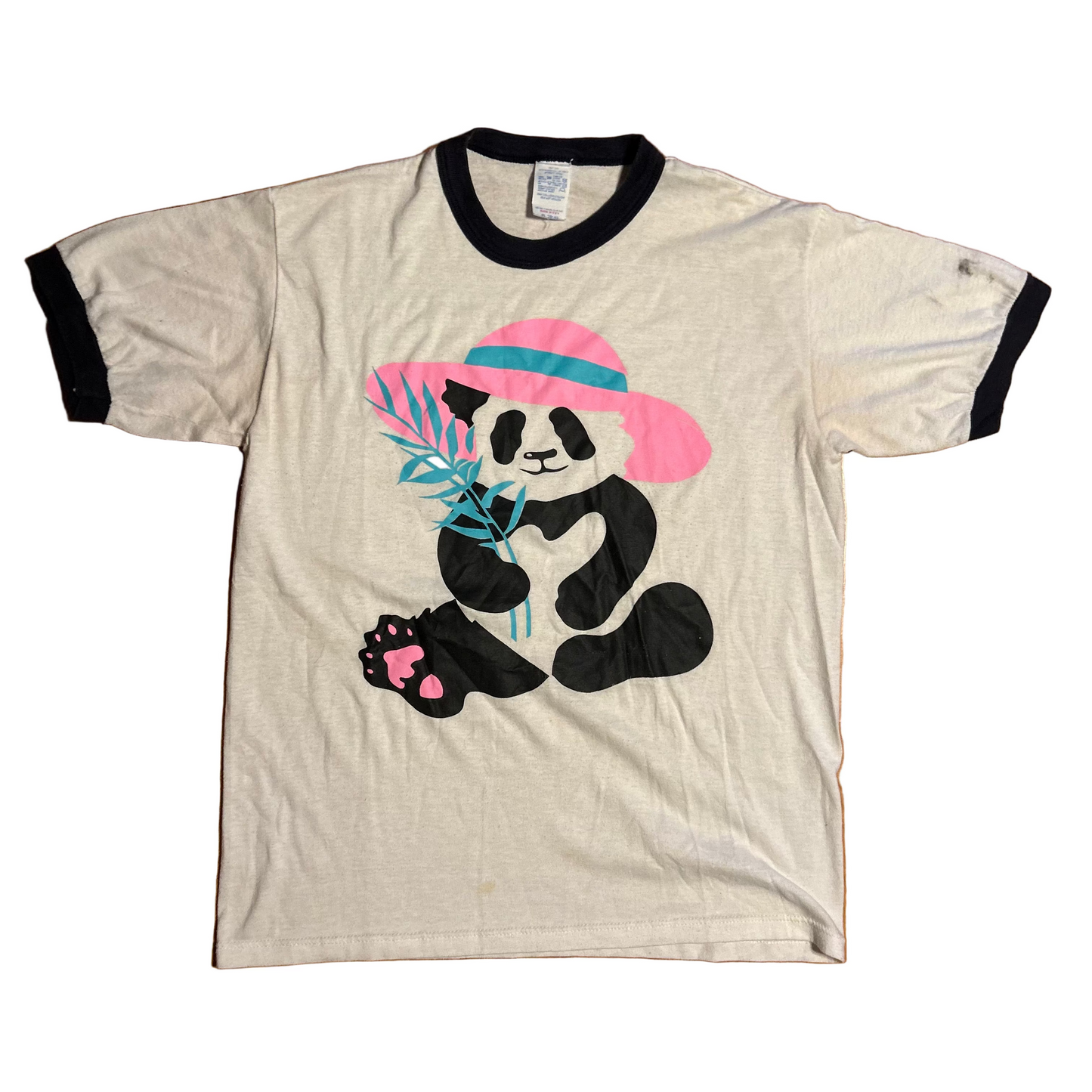 80's Panda White Ringer Tshirt - Small - 18.5" x 25"