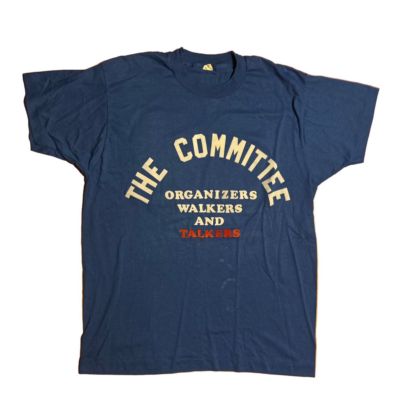 80's The Committee of Organizers Walkers and Talkers Blue Flocked Tshirt - Medium - 20" x 27.5"