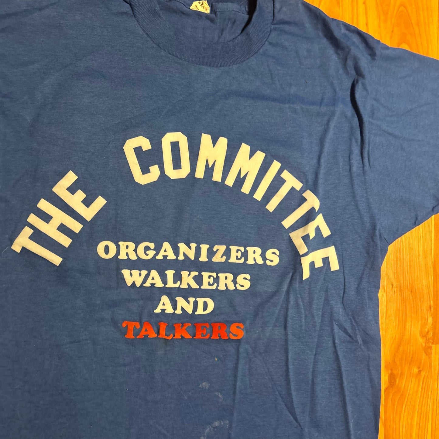 80's The Committee of Organizers Walkers and Talkers Blue Flocked Tshirt - Medium - 20" x 27.5"