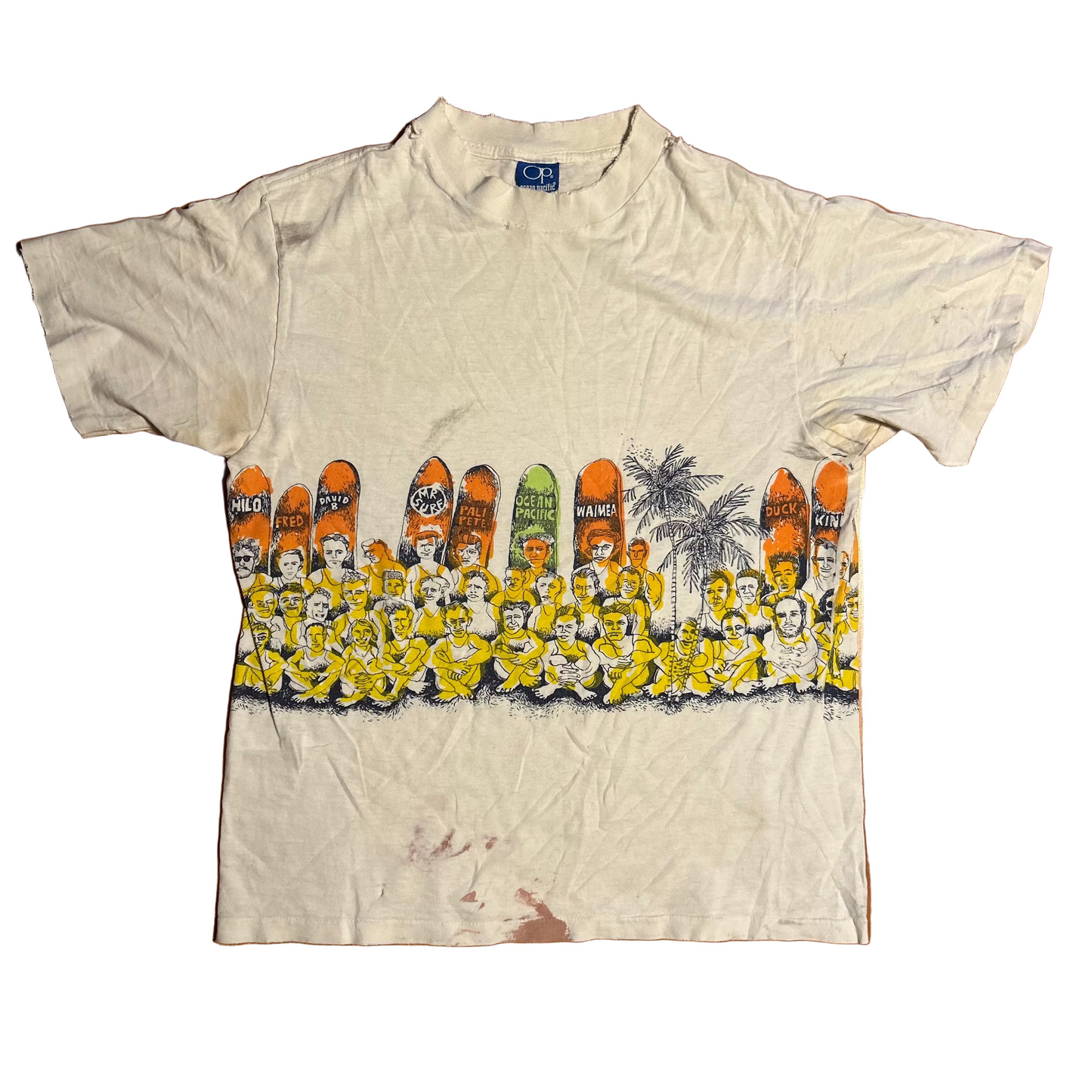 80/90's Ocean Pacific Distressed Surf AOP White Tshirt - Small - 19" x 25"