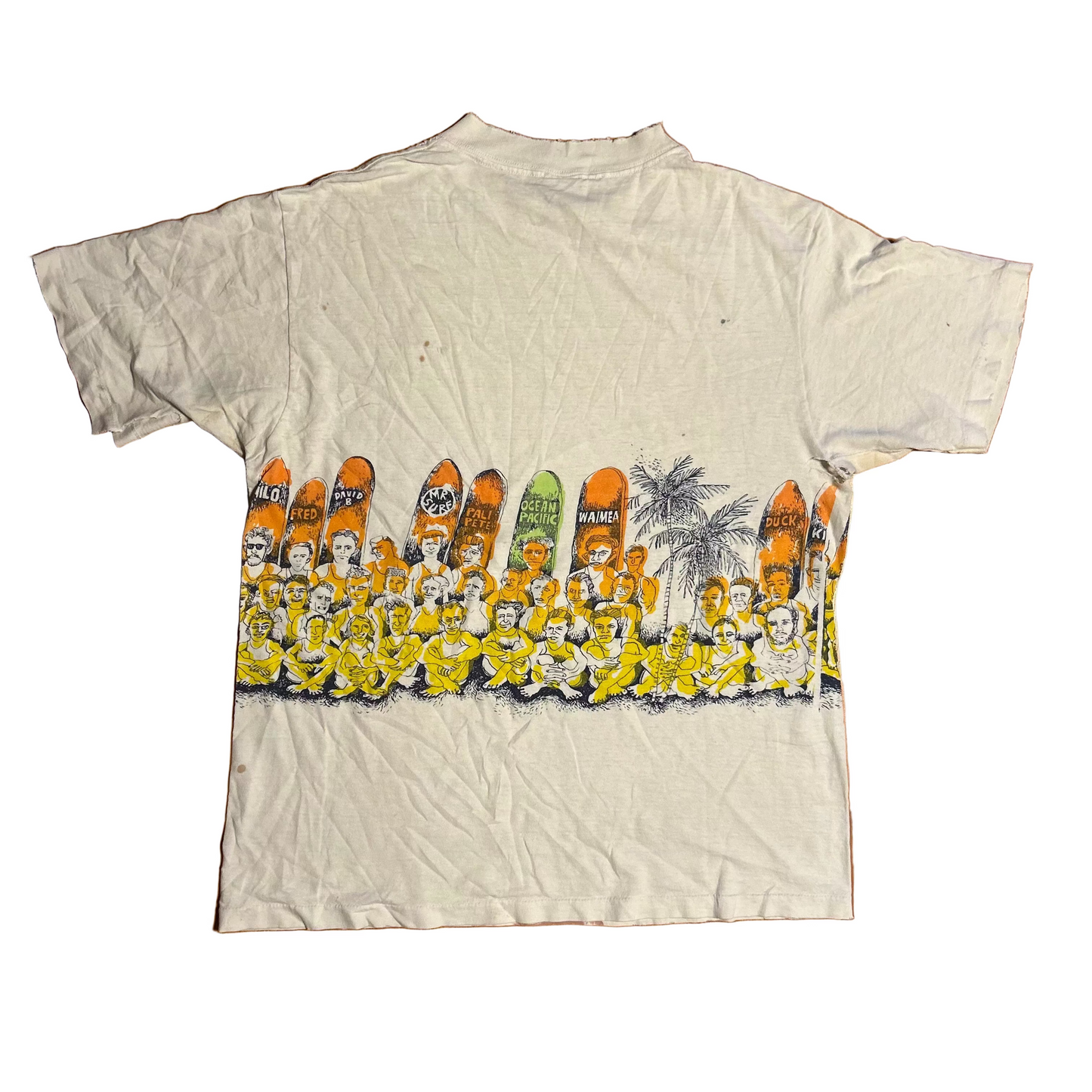 80/90's Ocean Pacific Distressed Surf AOP White Tshirt - Small - 19" x 25"