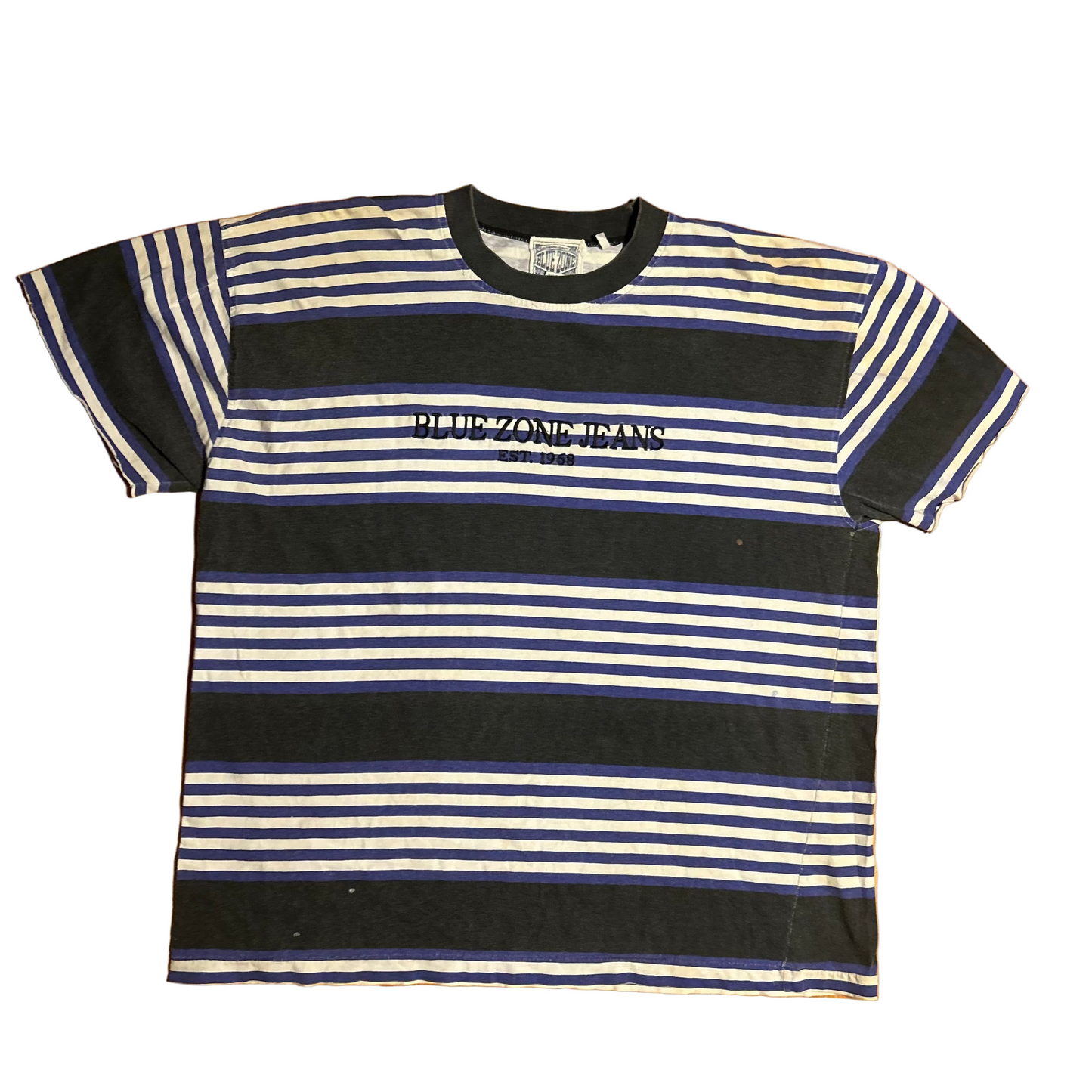 Blue Zone Jeans Striped Black White Blue Purple Tshirt - XLarge - 24.5" x 28"