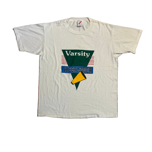90's Jerzees Varsity Cheerleader White Tshirt - Medium - 21" x 27"
