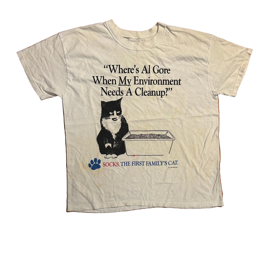 90's Where's Al Gore When My Environment Needs a Clean Up Socks the Cat Litter White Tshirt - Large - 22.5" x 27"