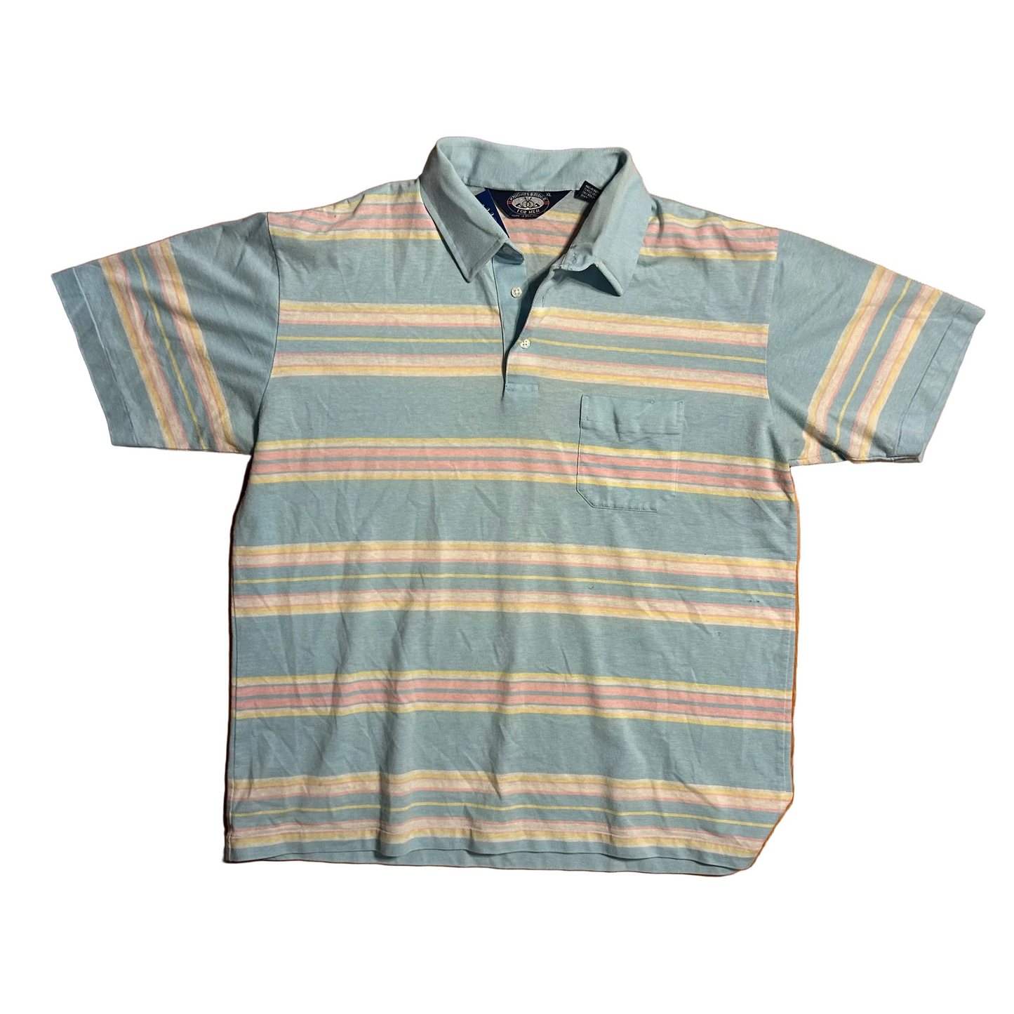 80/90’s Knightsbridge Light Blue Yellow Pink Pocket Polo Collared Shirt - Large - 23" x 27.5"