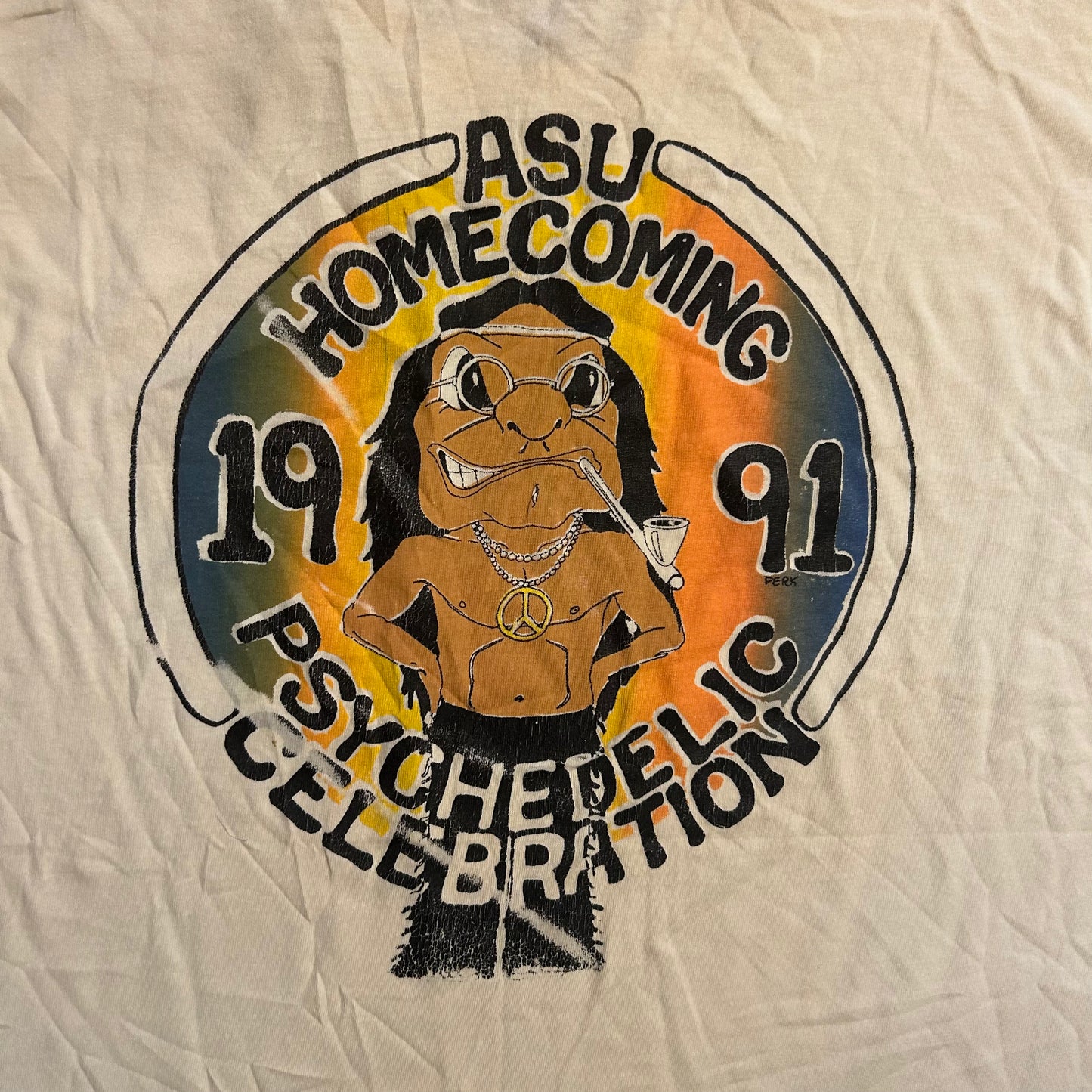 90's Hanes Beefy T ASU Psychedelic Homecoming Celebration Arizona State White Tshirt - Large - 23" x 27.5"
