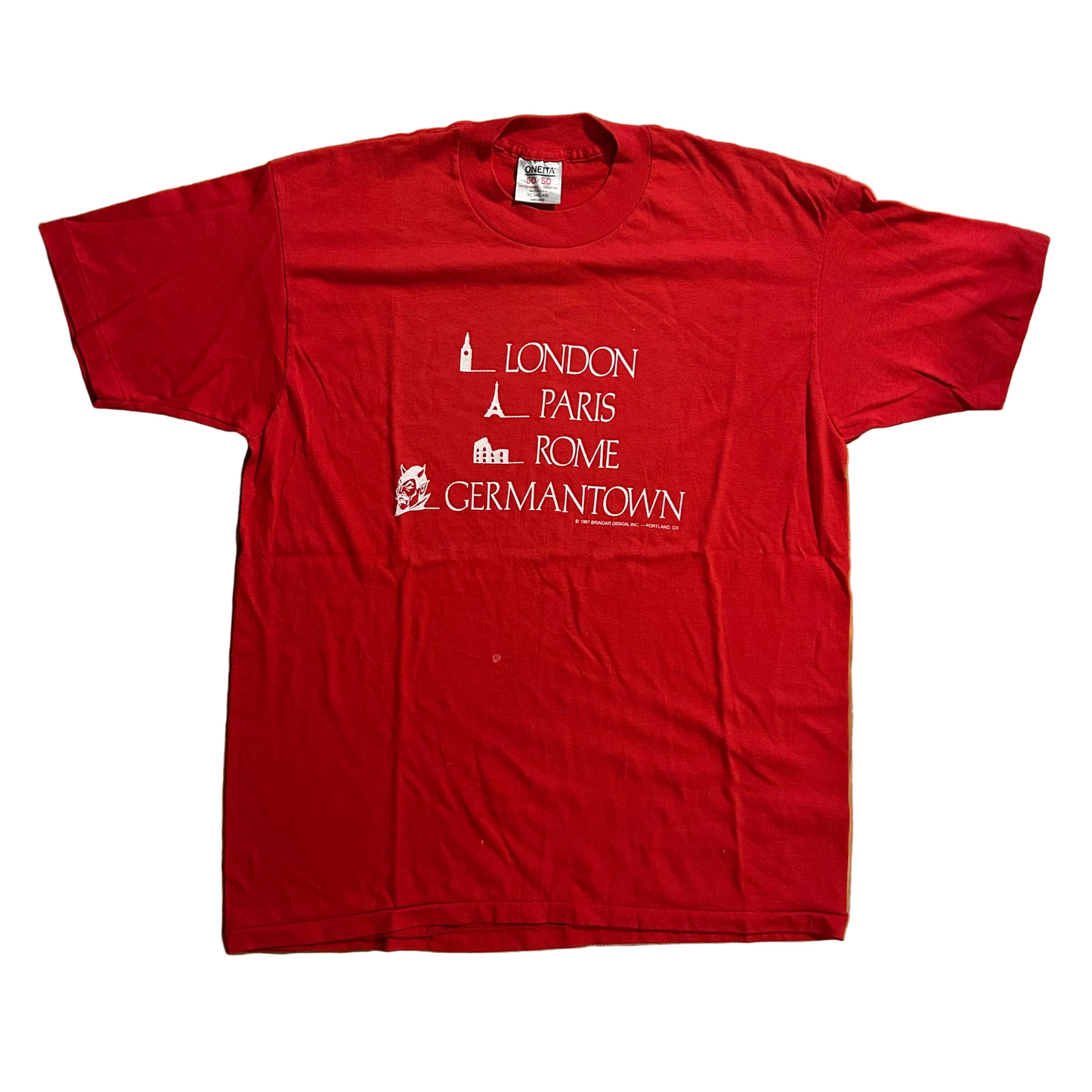 90's Oneita 50/50 London Paris Rome Germantown Red Tshirt - Medium - 21" x 28"