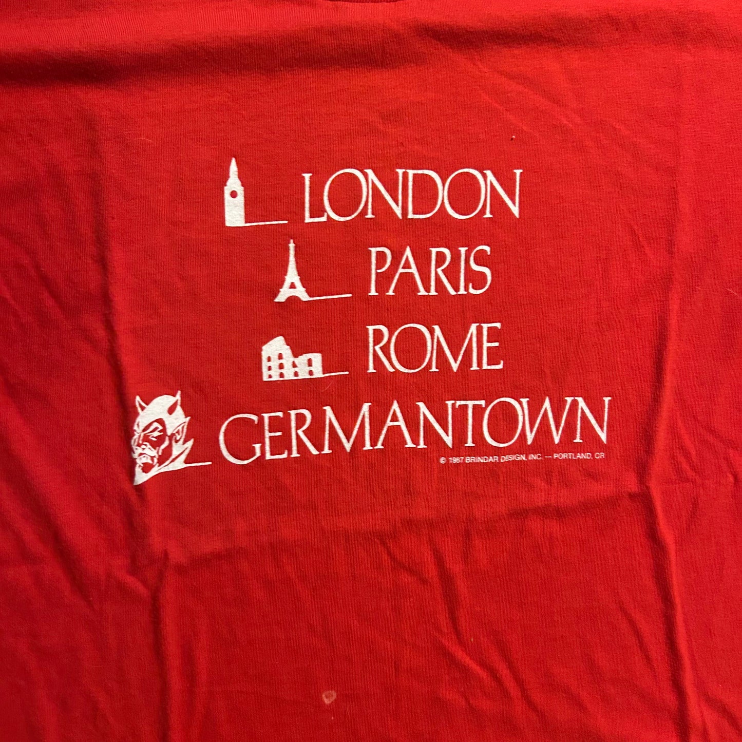 90's Oneita 50/50 London Paris Rome Germantown Red Tshirt - Medium - 21" x 28"