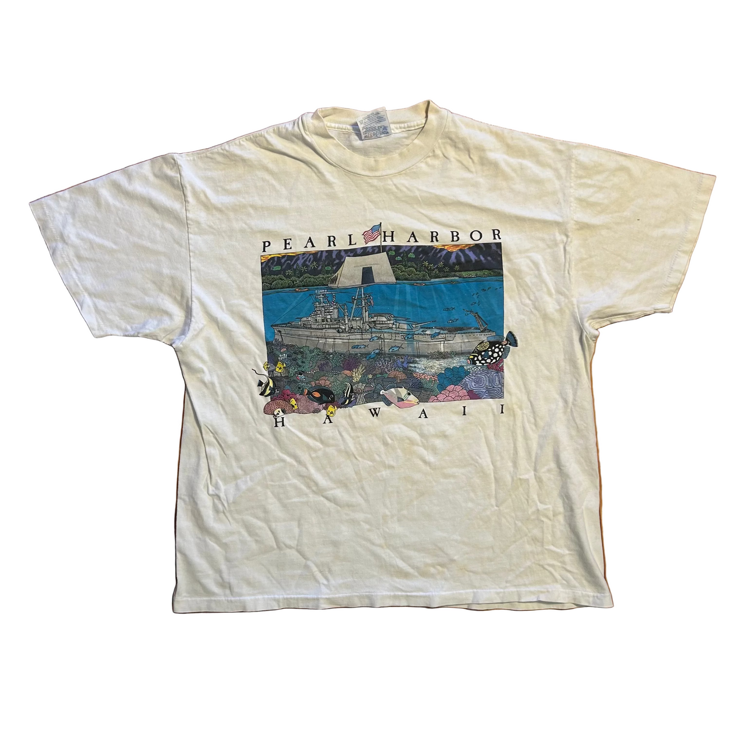 90's Hanes Beefy Pearl Harbor Hawaii SS Arizona White Tshirt - Large - 23" x 26"