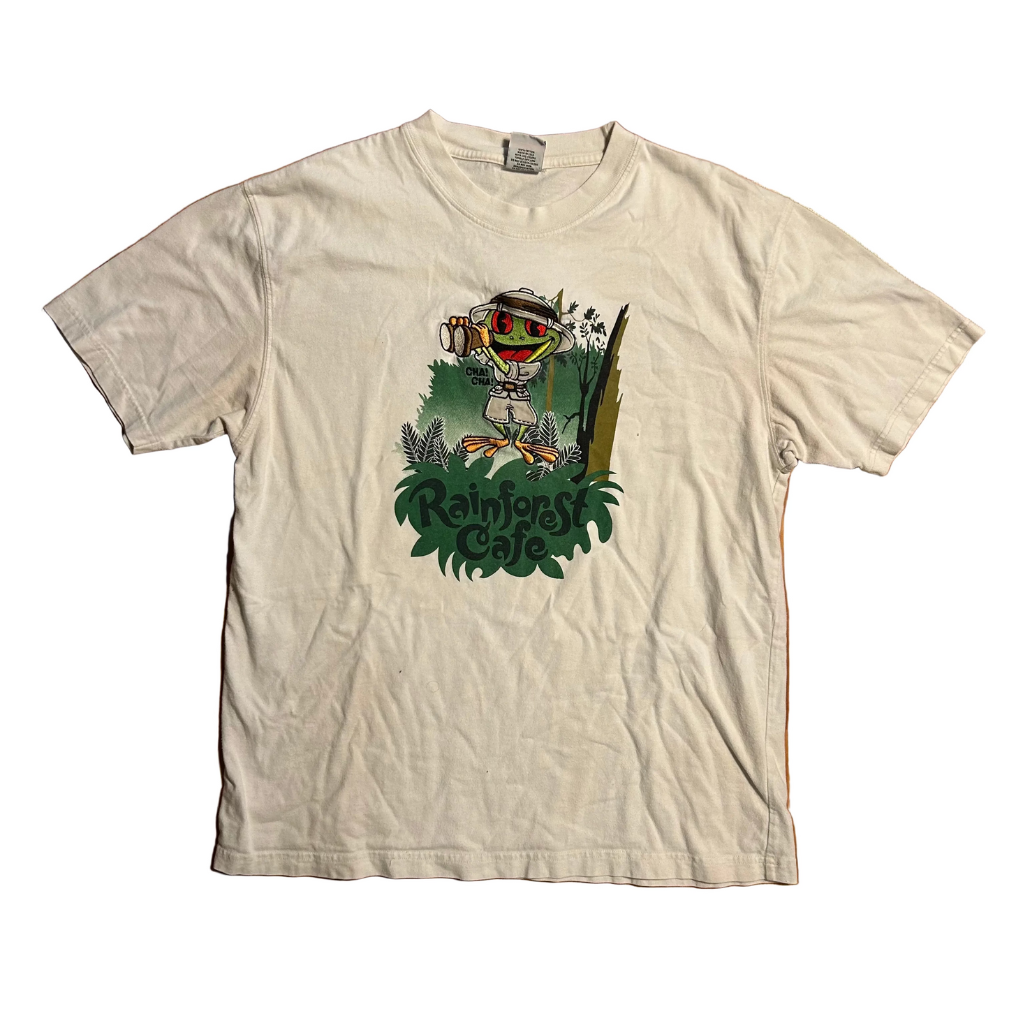Rainforest Cafe Cha Ching Frog Souvenir White Embroidered Tshirt - Large - 22" x 28"
