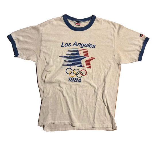 80’s Levi’s 1984 Olympics Los Angeles White Blue Ringer Tshirt - Small - 19" x 26"