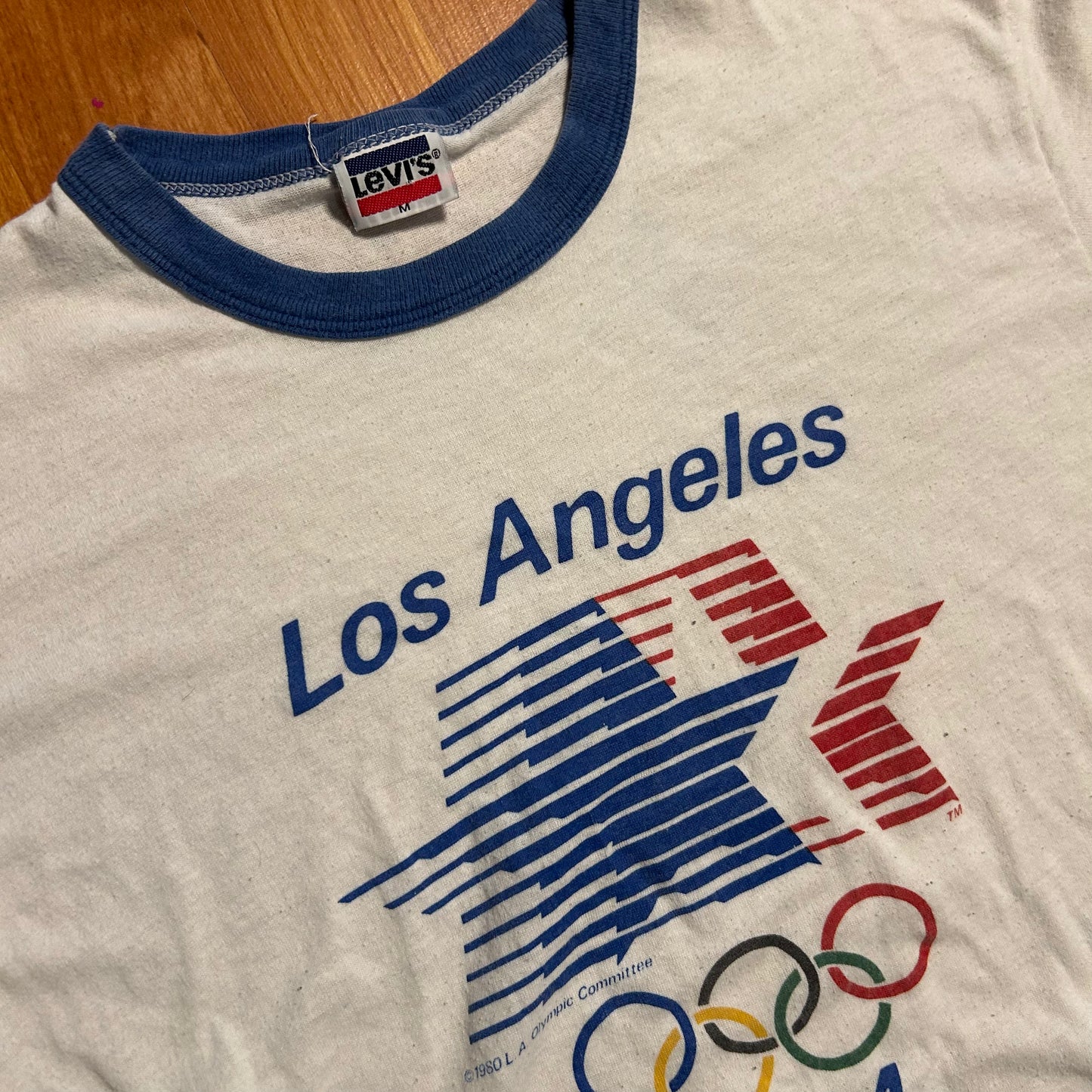 80’s Levi’s 1984 Olympics Los Angeles White Blue Ringer Tshirt - Small - 19" x 26"