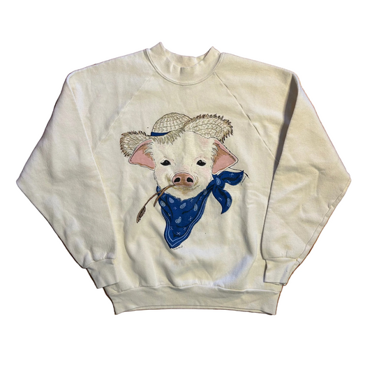 90's FOTL Farmer Pig White Crewneck Sweatshirt - Small - 19" x 24"