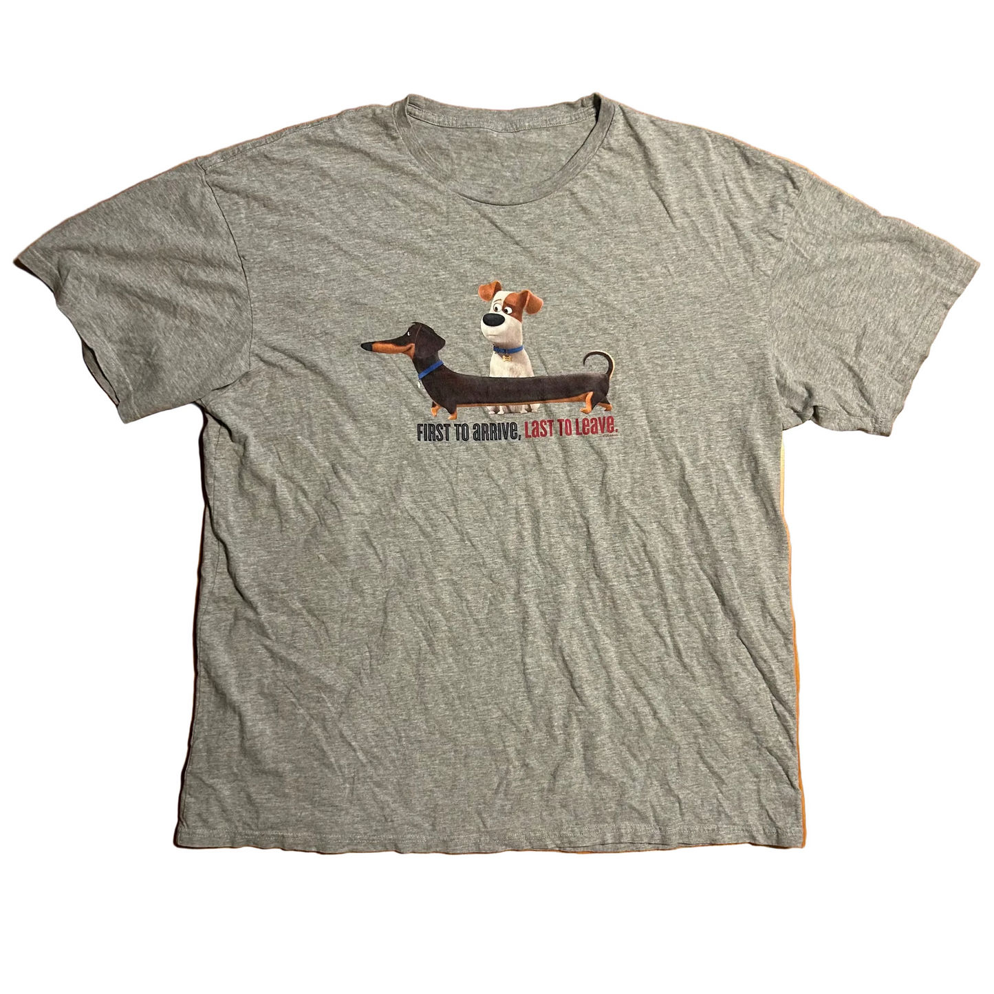 First to Arrive Last to Leave Secret Life of Pets Grey Tshirt - XLarge - 25" x 31"