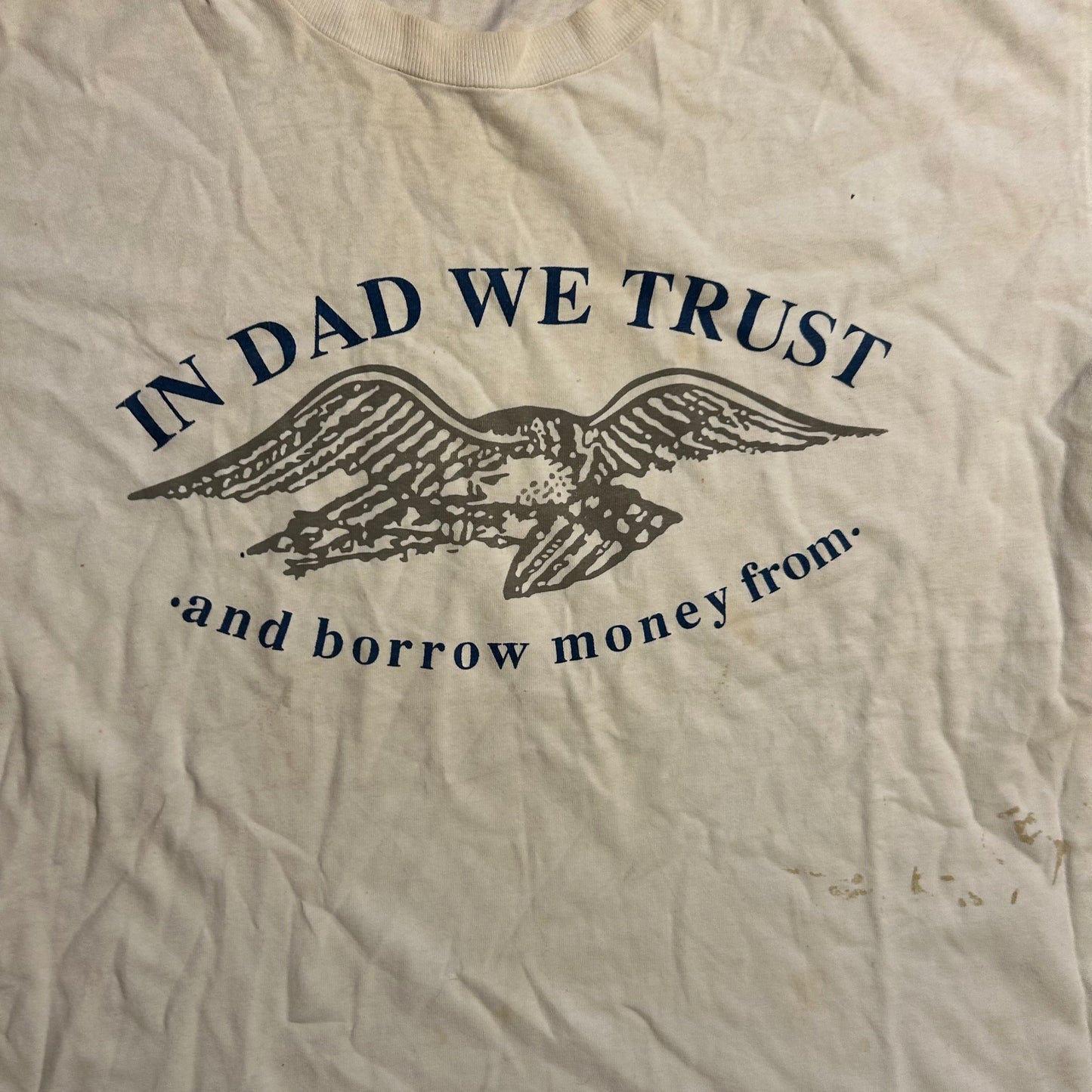 90's Center Cut Heavy T In Dad We Trust and Borrow Money From White Tshirt - Large - 23" x 29"