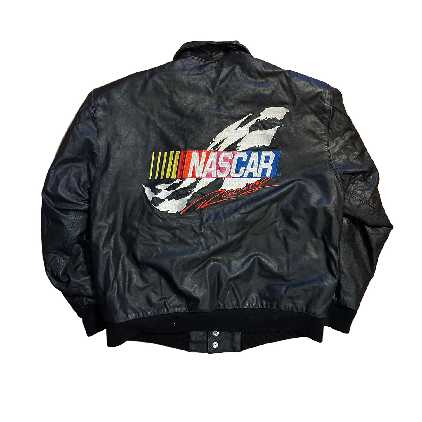 90's JH NASCAR Leather Button Up Lined Jacket - Large - 22.5" x 28"