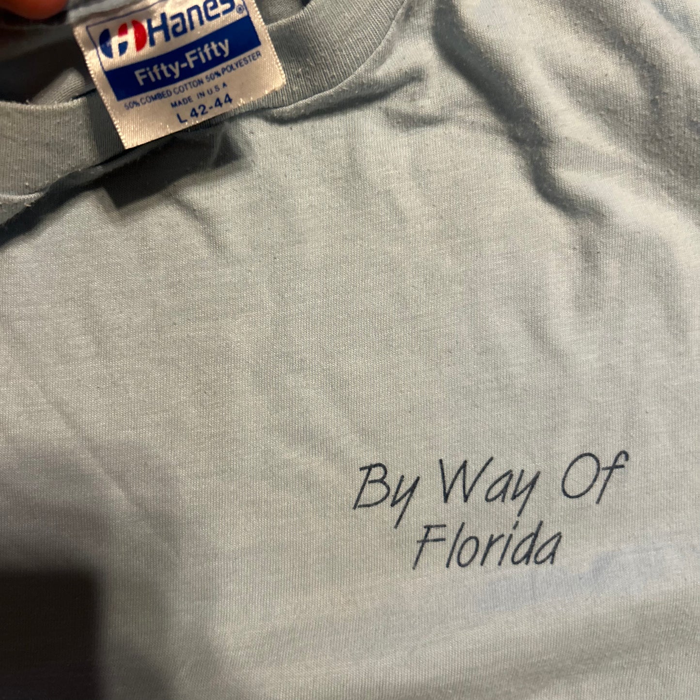 80/90's Hanes Fifty Fifty By Way of Florida Islander Light Blue Tshirt - Medium - 20" x 27"