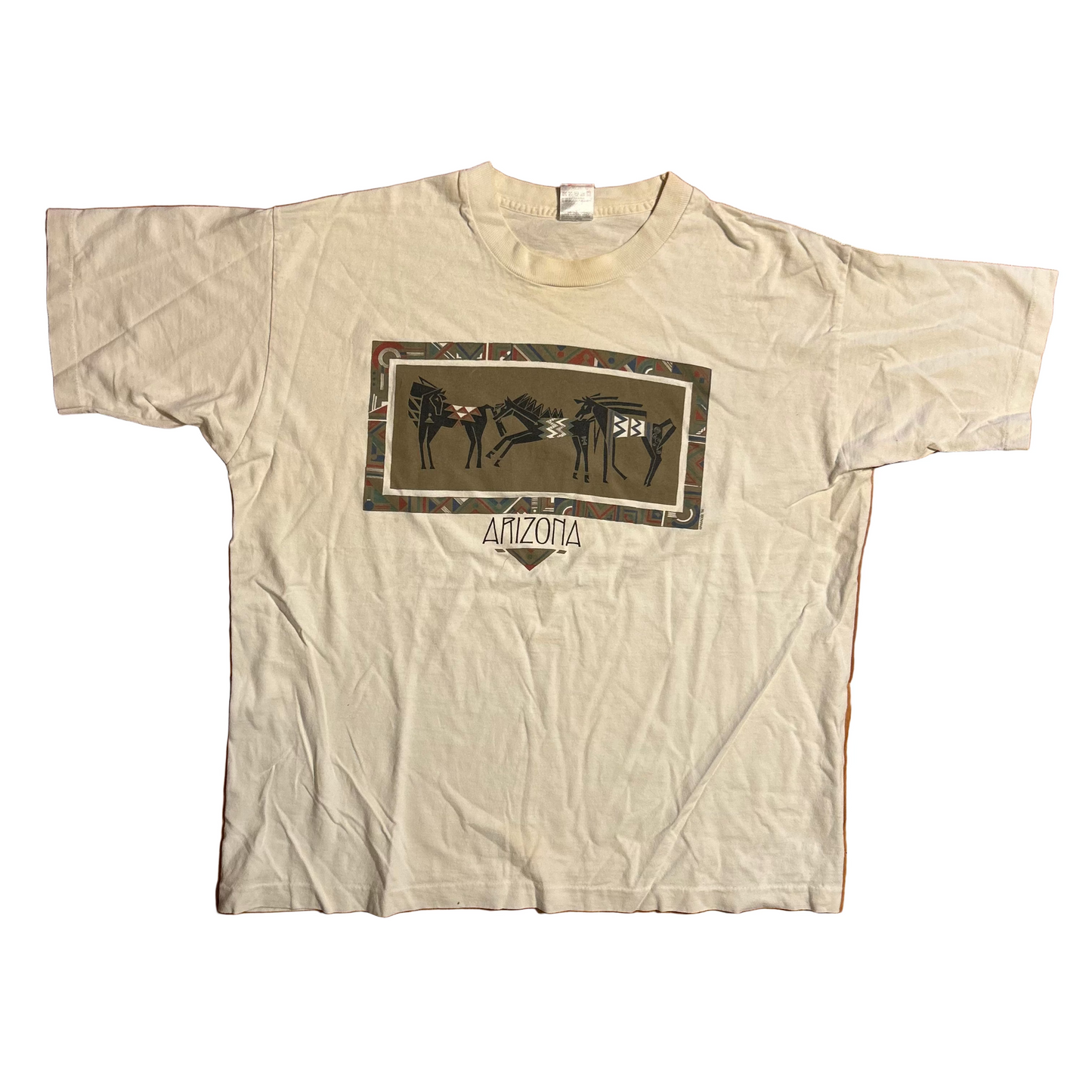 90's FOTL Arizona Tribal Animals Design White Tshirt - Large - 23" x 26"