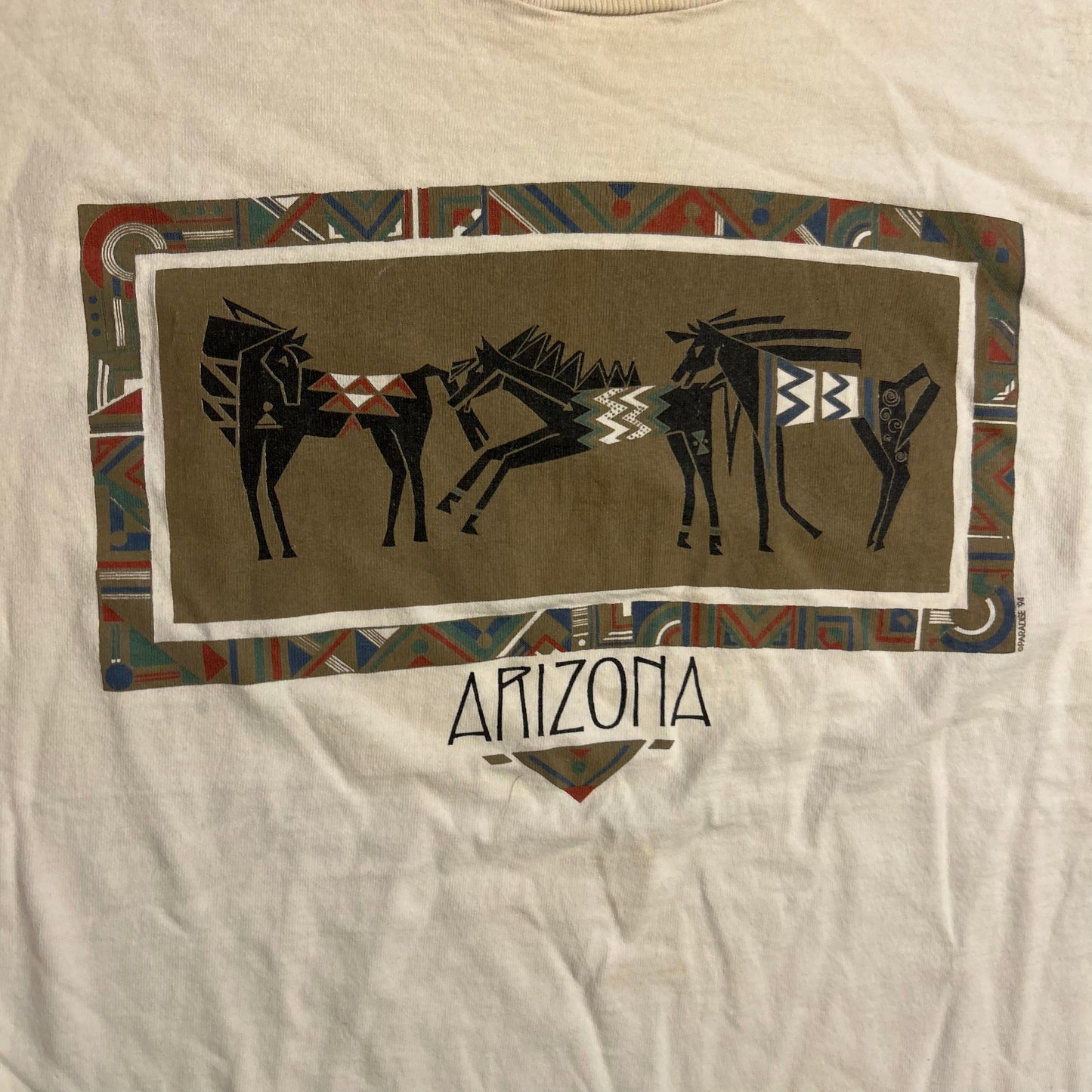 90's FOTL Arizona Tribal Animals Design White Tshirt - Large - 23" x 26"