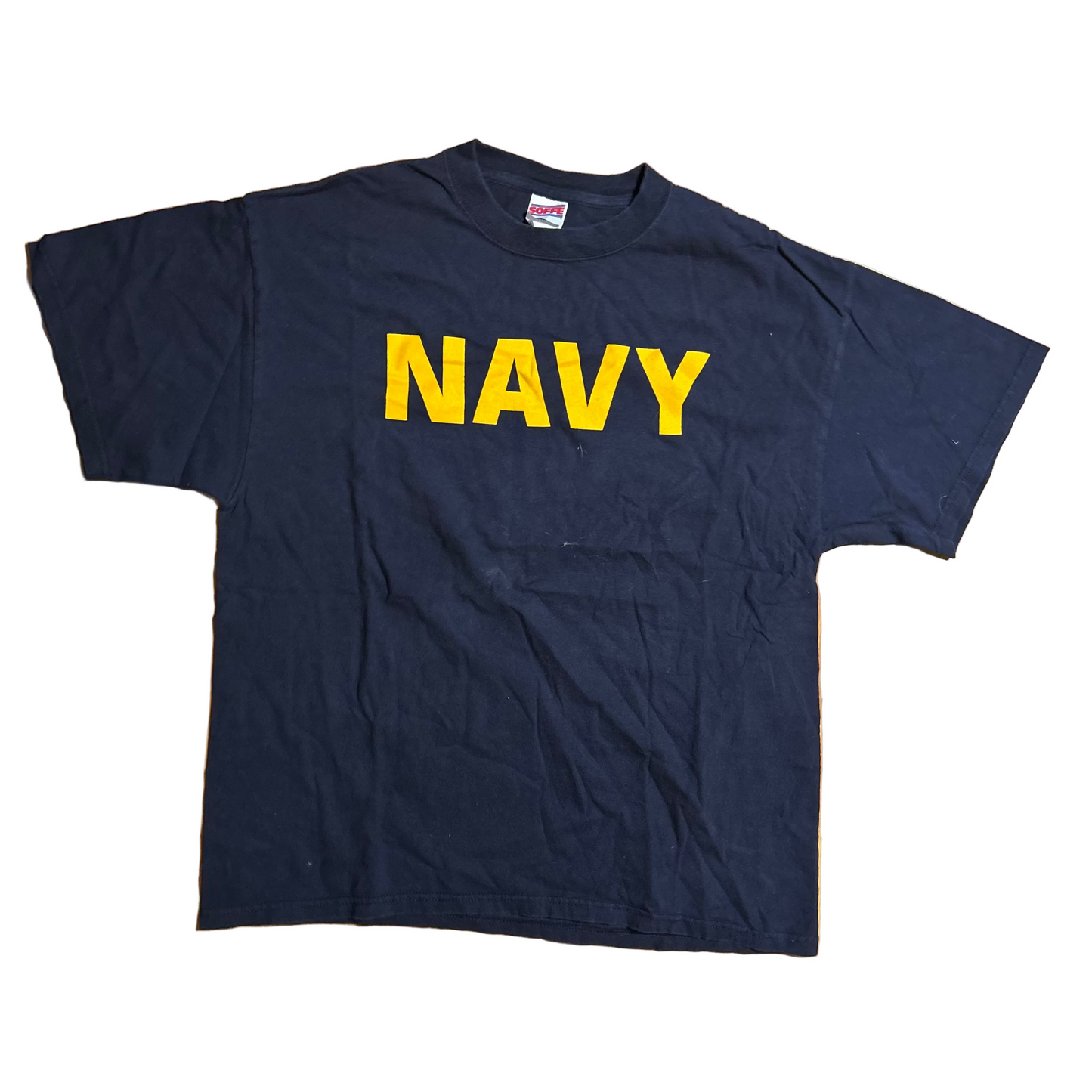 Soffee Navy Military Spellout Tshirt - Medium - 21" x 26.5"