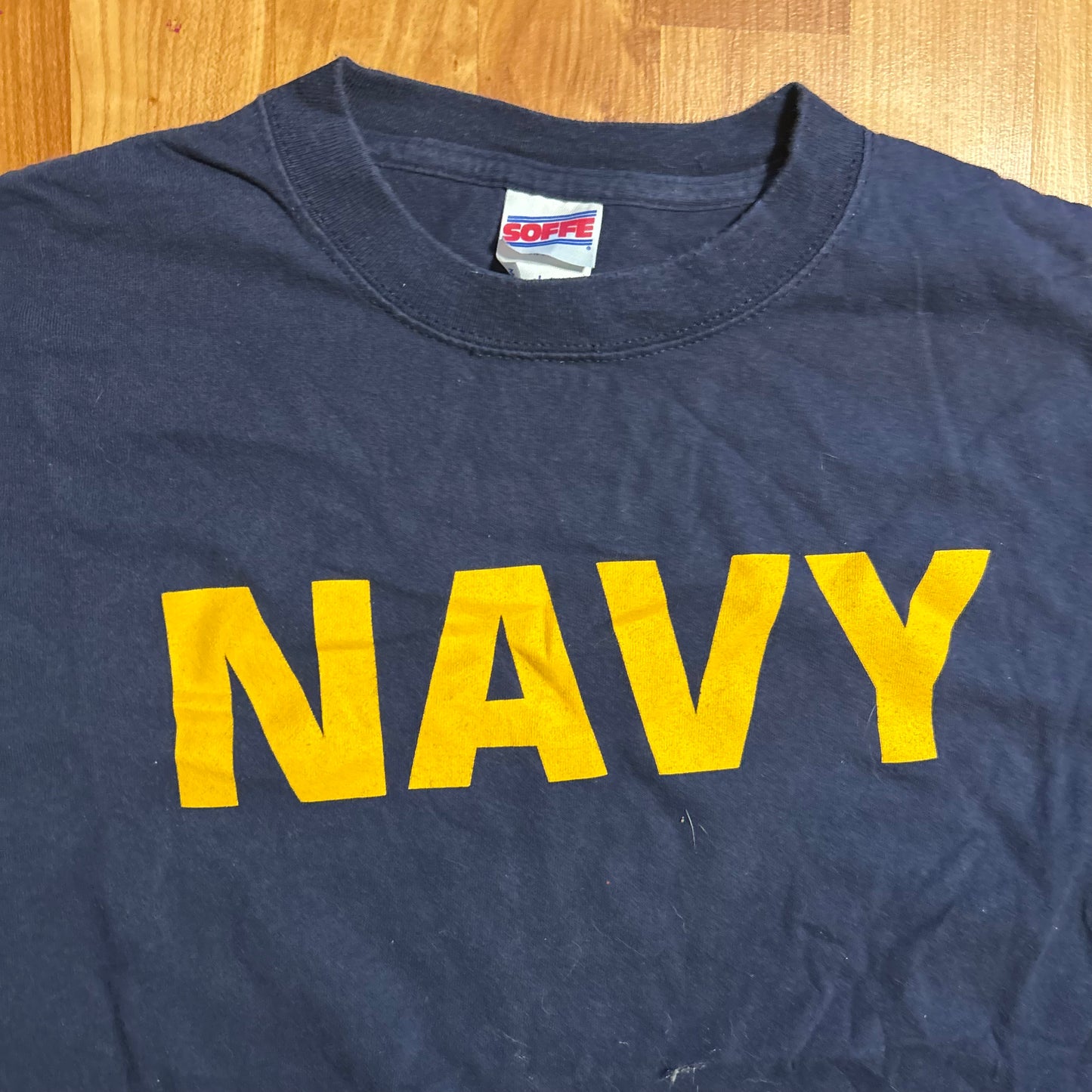 Soffee Navy Military Spellout Tshirt - Medium - 21" x 26.5"