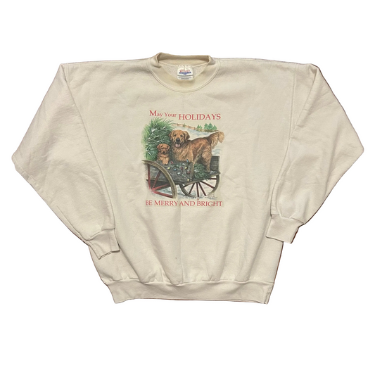 Hanes Comfortblend Golden Retriever Christmas Holiday’s Merry and Bright White Crewneck Sweatshirt - XLarge - 24" x 24.5"